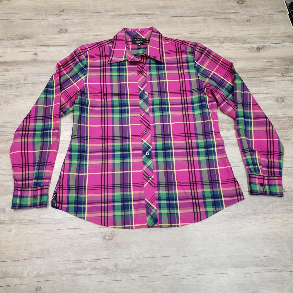 Foxcroft Shirt Womens 8 Pink Plaid Non-Iron Shaped Fit Button Front Long Sleeve
